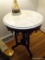 (LR) MAHOGANY ROUND SIDE TABLE WITH WHITE MARBLE TOP; MAHOGANY SIDE TABLE WITH A WHITE MARBLE TOP