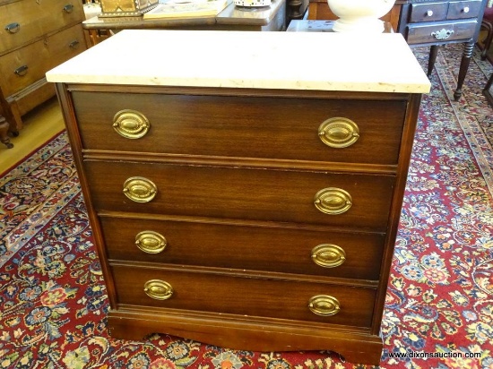 (LR) CHERRY CHEST OF DRAWERS WITH A CREAM MARBLE TOP; CHERRY SIDE TABLE WITH 4 DOVETAIL DRAWERS WITH