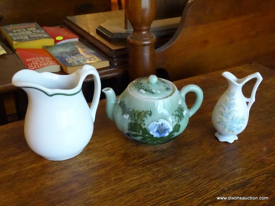 (LR) LOT OF TEA POT AND CREAMERS; 3 PIECE LOT OF TEA POT AND CREAMERS TO INCLUDE 2 WHITE CREAMERS,