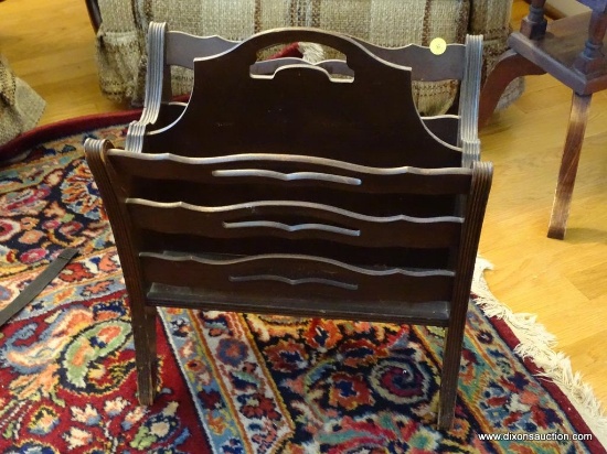 (LR) MAHOGANY MAGAZINE RACK; WOODEN MAGAZINE RACK WITH CABRIOLE LEGS. MEASURES 18 IN TALL.