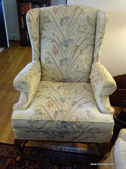 (LR) WINGBACK ARMCHAIR; AIR CHAIR WITH A WINGED BACK AND A FLORAL DESIGNED CREAM POLYESTER FABRIC
