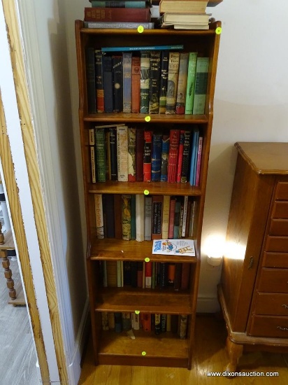 (FOYER) WOODEN BOOK CASE; CEDAR BOOKCASE WITH 5 SHELVES AND AN UPPER SHELF. MEASURES 18 IN X 12.5 IN