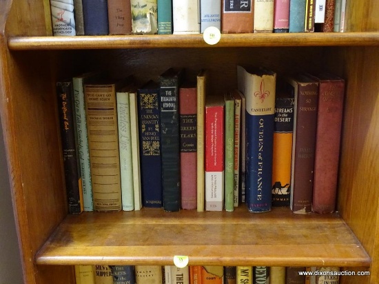(FOYER) SHELF OF VINTAGE BOOKS; 16 PIECE LOT OF VINTAGE BOOKS TO INCLUDE TITLES SUCH AS THE QUEST OF