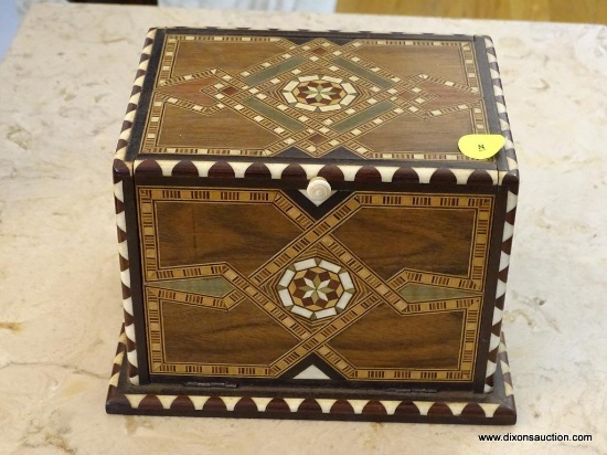 INLAID WOODEN CIGARETTE BOX; ANTIQUE TEAK CIGARETTE BOX WITH INLAID IVORY. BOTH SIDES OF THE BOX