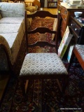 (LR) LADDERBACK ROCKING CHAIR; LADDERBACK MAHOGANY CHAIR WITH A FLOWER FABRIC CUSHION AND 2 FRONT