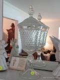 (LR) LARGE COMPOTE DISH; LARGE CLEAR GLASS COMPOTE DISH WITH DIAMOND SHAPED STUDS AND LID. MEASURES