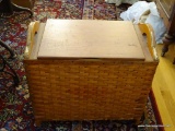 (LR) WOVEN BASKET WITH WOODEN HANDLES AND LID; LARGE WOVEN BASKET WITH A FLIP DOWN LID AND 2