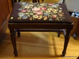 (DR) MAHOGANY NEEDLEPOINT STOOL; WOODEN STOOL WITH FLORAL NEEDLEPOINT ON THE TOP, SITS ON 4 TAPERED
