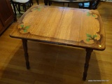 (DR) OAK KITCHEN TABLE; WOOD GRAIN KITCHEN TABLE WITH BRACKET CLUB DETAILING ALONG THE TABLE TOP AND