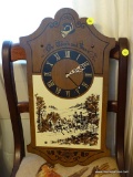 (DR) THE COACH AND FOUR SPARTUS GINGERBREAD CLOCK; WOOD GRAIN CLOCK WITH HORSE CARRIAGE PAINTING ON