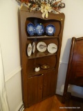 (DR) CORNER CABINET; WOOD GRAIN CORNER CABINET WITH 3 SHELVES AND A LOWER CABINET WITH 2 DOORS THAT