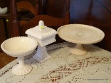 (DR) LOT OF PINK TONED MILK GLASS; 3 PIECE LOT OF PINK MILK GLASS WITH HOBNAILS TO INCLUDE A COMPOTE