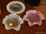 (DR) LOT OF FROST EDGED GLASS DISHES; 3 PIECE LOT OF FROSTED EDGED HOBNAIL DISHES TO INCLUDE 2 NUT