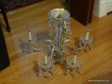 (DR) GLASS CHANDELIER; CHANDELIER WITH 5 GLASS ARMS WITH CANDLE SHAPED BULBS ON THE ENDS. HAS