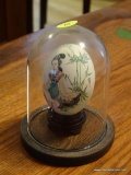 (DR) HAND PAINTED JAPANESE EGG; WHITE EGG WITH HAND PAINTED JAPANESE EGG ATTACHED TO A BLACK STAND