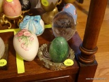 (DR) LOT OF DECORATIVE EGGS; 5 PIECE LOT TO INCLUDE A PORCELAIN EGG, A PAINTED EGG WITH BLUE BOW, A
