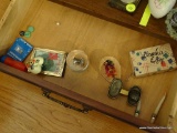 (DR) DRAWER LOT OF ASSORTED ITEMS; LOT INCLUDES A SMALL BOX WITH MINIATURE WOODEN EGGS, A CREAM