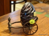 (DR) LARGE EGG WITH BRASS STAND; LARGE PURPLE SWIRL MURANO GLASS EGG SITTING IN A BRASS RICKSHAW