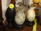 (DR) LOT OF DECORATIVE EGGS; 5 PIECE LOT OF ITALIAN MARBLE EGGS. INCLUDES BLACK, GREEN, TAN, A HAND