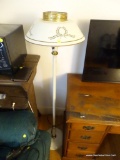 (OFC) METAL FLOOR LAMP; CREAM COLORED METAL FLOOR LAMP WITH FROSTED GLASS GLOBE AND A GOLD ONE AND
