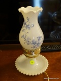(OFC) MILKGLASS TABLE LAMP; FLUTED MILK GLASS GLOBE WITH HAND PAINTED BLUE FLOWERS ON A MILKGLASS