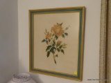 (OFC) PAIR OF NEEDLEPOINT PICTURES; SET OF TWO ROSE NEEDLEPOINT WALL HANGINGS FRAMED IN A GREEN AND