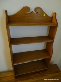 (OFC) WOODEN WALL SHELF; CARVED TOP AND SIDES WITH 4 SHELVES. HAS WIRE ON BACK FOR MOUNTING.
