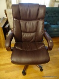 (OFC) FAUX LEATHER EXECUTIVE CHAIR; BROWN FAUX LEATHER ROLLING EXECUTIVE CHAIR. MEASURES 2 FT 4 IN X