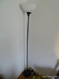 (OFC) TORCHIERE FLOOR LAMP; BLACK BASE WITH WHITE PLASTIC GLOBE. MEASURES 5 FT 11 IN TALL.
