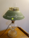 (OFC) ELECTRIC OIL LAMP; GLASS ELECTRIC OIL LAMP WITH GLASS CHIMNEY AND GREEN METAL SHADE WITH WHITE