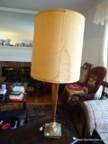 (LR) WOODEN TABLE LAMP; ROUND WOODEN TABLE LAMP SITTING ON A SQUARE METAL BASE. COMES WITH A LIGHT