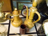 (DNRM) SET OF CERAMIC TEA/COFFEE POTS; 3 PIECE LOT TO INCLUDE A TAND AND CREAM COLORED TEA POT AND