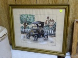 (DNRM) FRAMED S. YOUNG PRINT; FRAMED PRINT SHOWING AN ANTIQUE CAR SITTING OOUTSIDE OF A VICTORIAN
