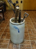 (DNRM) STONEWARE CROCK; LARGE SIZED GLAZED CROCK WITH A FIREPLACE BROOM, 2 SHOVELS, A YELLOW OVEN