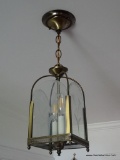 (FOY) HANGING LIGHT FIXTURE; BRASS LIGHT FIXTURE WITH ETCHED FLORAL GLASS PANELS. THE INSIDE HOLDS 2