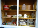 (KIT) CABINET LOT OF ASSORTED ITEMS; LOT INCLUDES BOWLS, PLATES, COOKIE TINS, SMALL GLASS BOWLS,