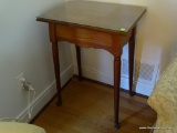(LR) SIDE TABLE WITH GLASS TABLE TOP; WOOD GRAIN SIDE TABLE WITH A GLASS TOP AND A BRACKET DETAILING