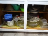 (KIT) CABINET LOT; LOT INCLUDES PLASTIC STORAGE CONTAINERS WITH LIDS, GLASS SERVING PLATES, PYREX