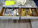 (KIT) TWO DRAWER LOT OF UTENSILS; LOT INCLUDES A LARGE LOT OF SILVERWARE, PLASTIC MIXING SPOONS,