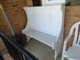 (OUT) WHITE PAINTED BENCH; OUTDOOR BENCH PAINTED WHITE WITH BRACKET DETAILED SIDES AND BRACKET FEET.