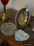 (LR) LOT OF GLASS KEY DISHES AND A FRAMED FLOWER; 3 PIECE LOT OF 2 GLASS KEY DISHES AND A HANDMADE