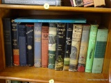 (FOYER) SHELF OF VINTAGE BOOKS; 14 PIECE LOT OF VINTAGE BOOKS TO INCLUDE TITLES SUCH AS WORLD ENOUGH