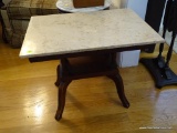 (LR) MAHOGANY SIDE TABLE WITH CREAM MARBLE TOP; WOODEN SIDE TABLE WITH 4 PULLS BETWEEN THE TABLE TOP