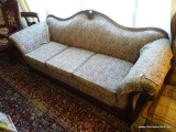 (LR) CAMEL BACK SOFA; MAHOGANY CAMEL BACK SOFA WITH A FAN DETAILED TOP AND FLOWER PATTERNED
