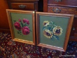 (LR) PAIR OF MATCHING FRAMED NEEDLE POINT; 2 MATCHING FLOWER NEEDLE POINTS, ONE IS A SUNFLOWER AND