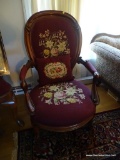(LR) ROCOCO STYLE NEEDLE POINT CHAIR; ROCOCO NEEDLE POINT CHAIR WITH SCROLL DETAILING ALONG THE TOP