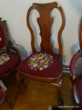 (LR) FIDDLE BACK NEEDLE POINT CHAIR; FIDDLE BACK CHAIR WITH A ROUNDED TOP AND A FLOWER NEEDLE POINT