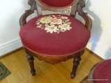 (LR) VICTORIAN STYLE NEEDLE POINT CHAIR; VICTORIAN STYLE CAMEL BACK FLORAL NEEDLEPOINT CHAIR WITH