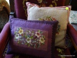 (LR) LOT OF NEEDLE POINT THROW PILLOWS; 2 PIECE LOT OF NEEDLEPOINT THROW PILLOWS TO INCLUDE 1 PURPLE