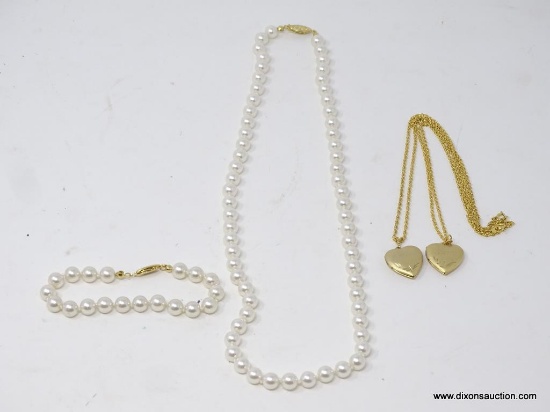 LOT OF NECKLACES; 3 PIECE LOT OF NECKLACES TO INCLUDE A PEARL NECKLACE AND 2 MATCHING HEART